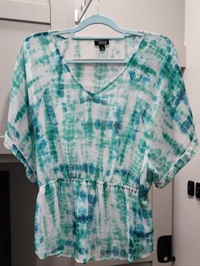 A.N.A  V-neck Tie-Dye Peplum Sheer Blouse in Teal & White
